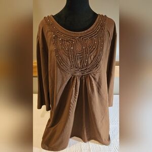 CJ Banks Brown Studded Cotton Top 3X